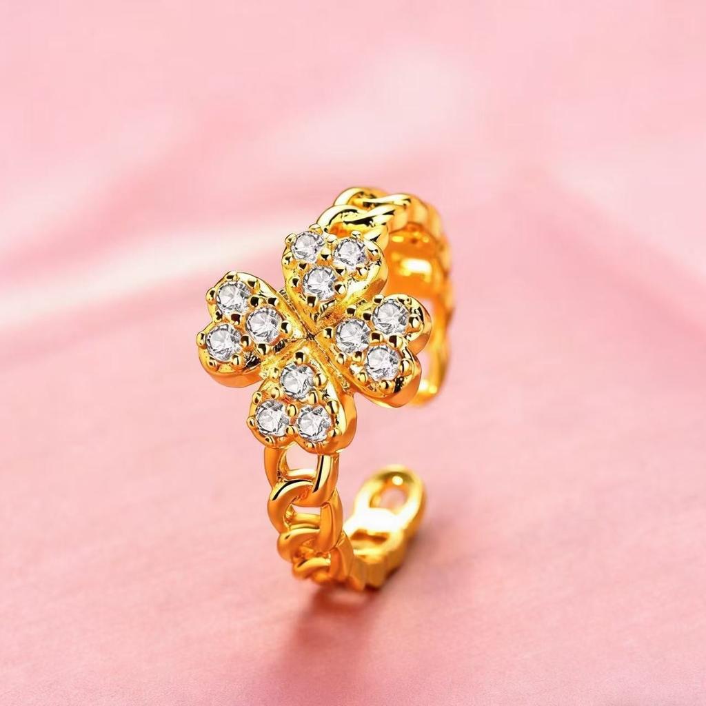 New Arrival Lucky Four-leaf Flower Zircon Ring for Women Flower Fashioneasiest for Matchclassy Sense Open Ring Four-leaf Clover Ring