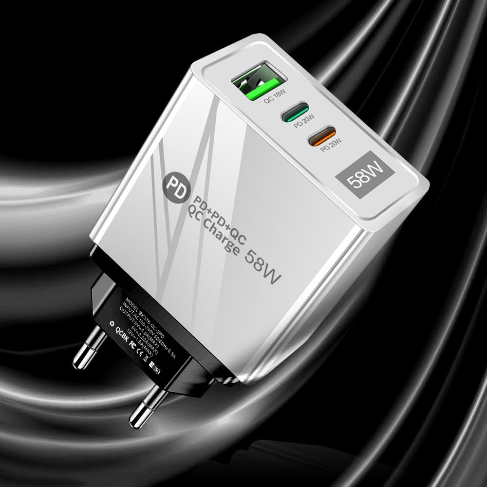 58W Dual Fast Charger with 2PD+QC3.0, Compatible with EU/US/UK Plugs.