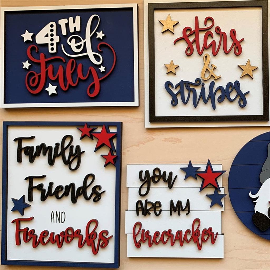 8 Pcs Patriotic Tiered Tray Decor Bundle Wood Signs Independence Day Signs American Star Decor Veterans Day Red White Blue Decorations For Inde