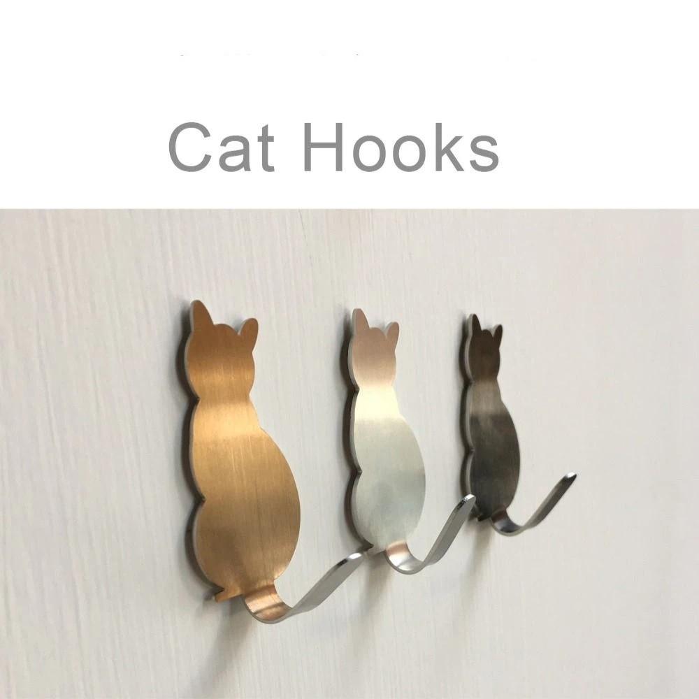 304 Stainless Steel Cat Hook Creative Cartoon Wall Hooks Self Adhesive Hooks Multi-use Decor
