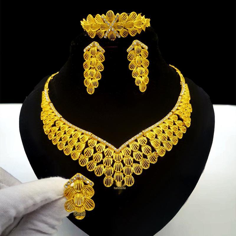 24K Gold-Plated Bridal Jewelry Set: Necklace & Earrings, Middle Eastern Wedding Style, Dubai Four-Piece Set