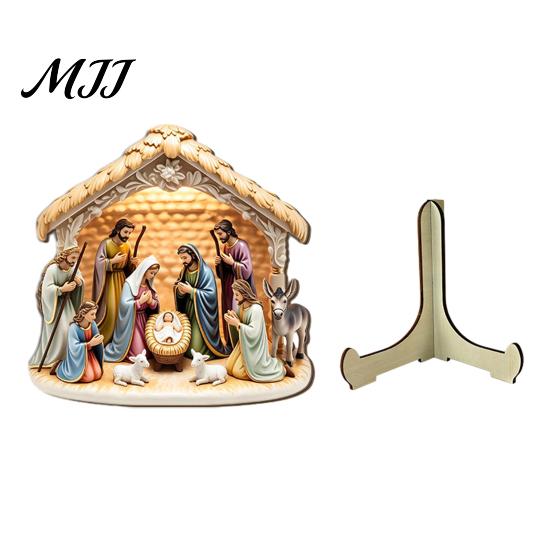 Durable Wood Nativity Set Scene Wooden Tabletop Sign, Christmas Manger Holy Family Figurine Decor, Holiday Home Accents Religious Xmas Desktop