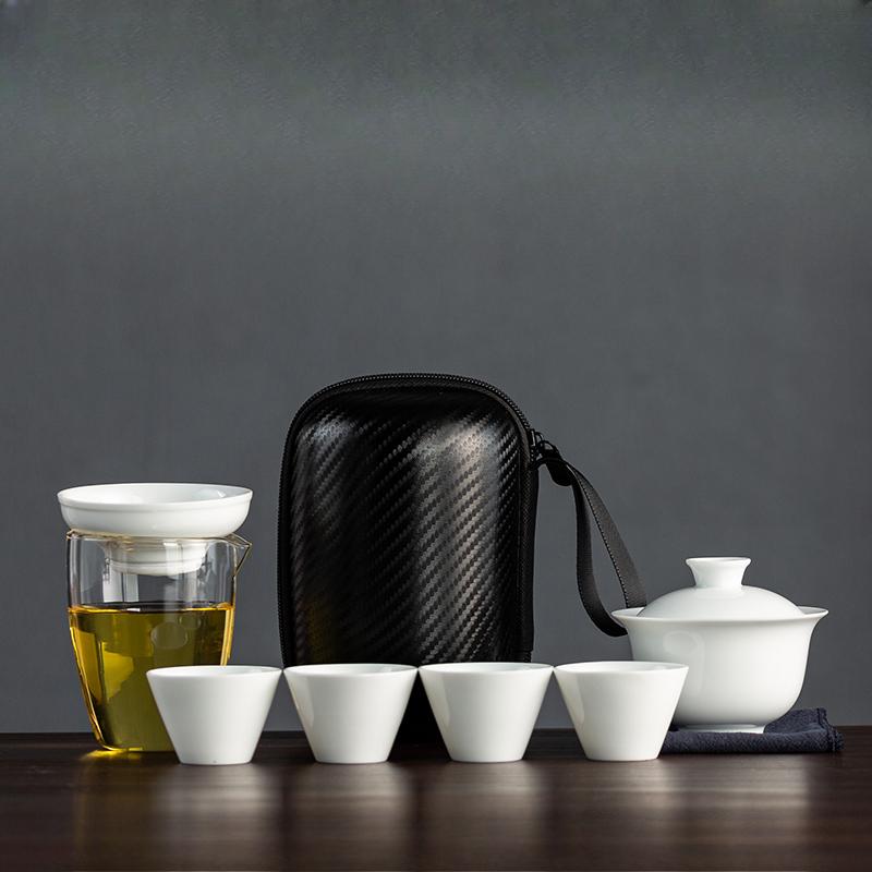 Dehua White Porcelain Travel Tea Set Outdoor Travel Portable Glass Quick Cup Cover Bowl Small Three Cups