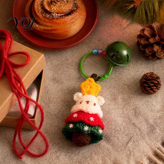 Crochet Christmas Keychain Yarn with Bell, Handmade Tree Hat Glove Wreath Holiday Gift for Friends Key Ring Pendant, Bag Charm Accessory Backpack,