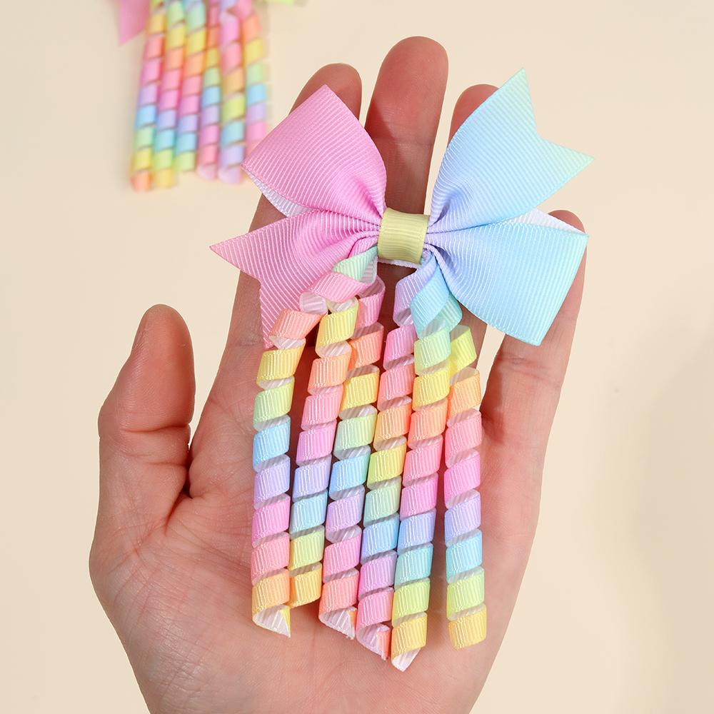 2Pcs Ribbon-Tassel Hair Clips Popular Sweet Rainbow Curly Ribbon Double Ponytail Hairpin Baby Girl Hair Accessories For Children