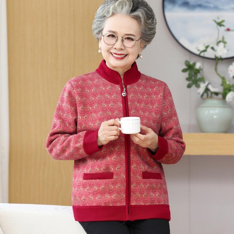 Grandma Sweater Jacket Women's Middle-aged and Elderly Autumn and Winter Clothing Fleece Cardigan Year Old 0 Old Man Old Lady Warm Clothes