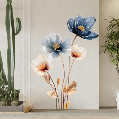 3D Blume Wandaufkleber Abnehmbar Wasserdicht Floral Wanddekal Gold Blau Weiß Abziehen