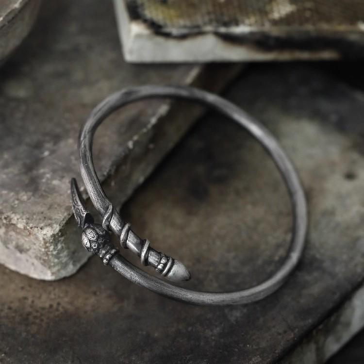 Men's Handmade Distressed Thai Silver Open Bangle - Nezha's Fire-Tipped Spear Design