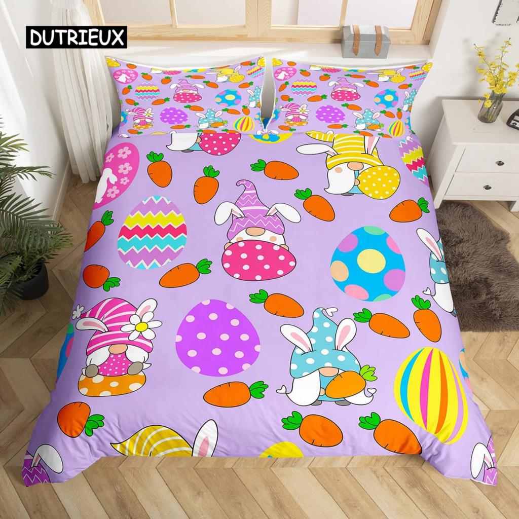 Easter Rabbit Tail Comforter Cover Pastel Pink Tulip Flowers Duvet Cover Twin Easter Eggs Kawaii Animal Bedding Set Easter Decor
