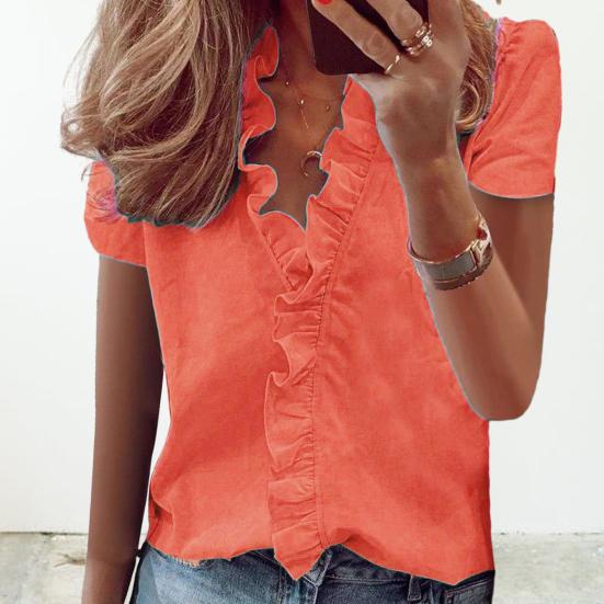 Women Shirt V-neck Lace Ruffle Soft Low-cut Dating Short Sleeves Commute OL Style Blouse