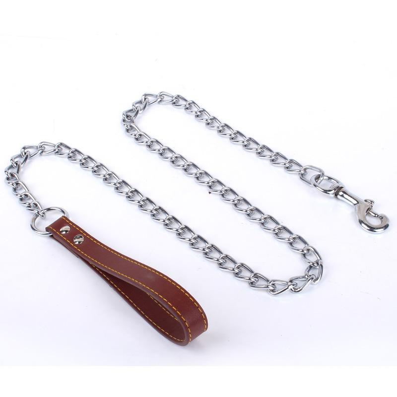 Metal Chain Dog Lead with Leather Style Handle Strong Control Leash Iron Dog Pets Supplies Collars Harnesses Chain Traction Rope