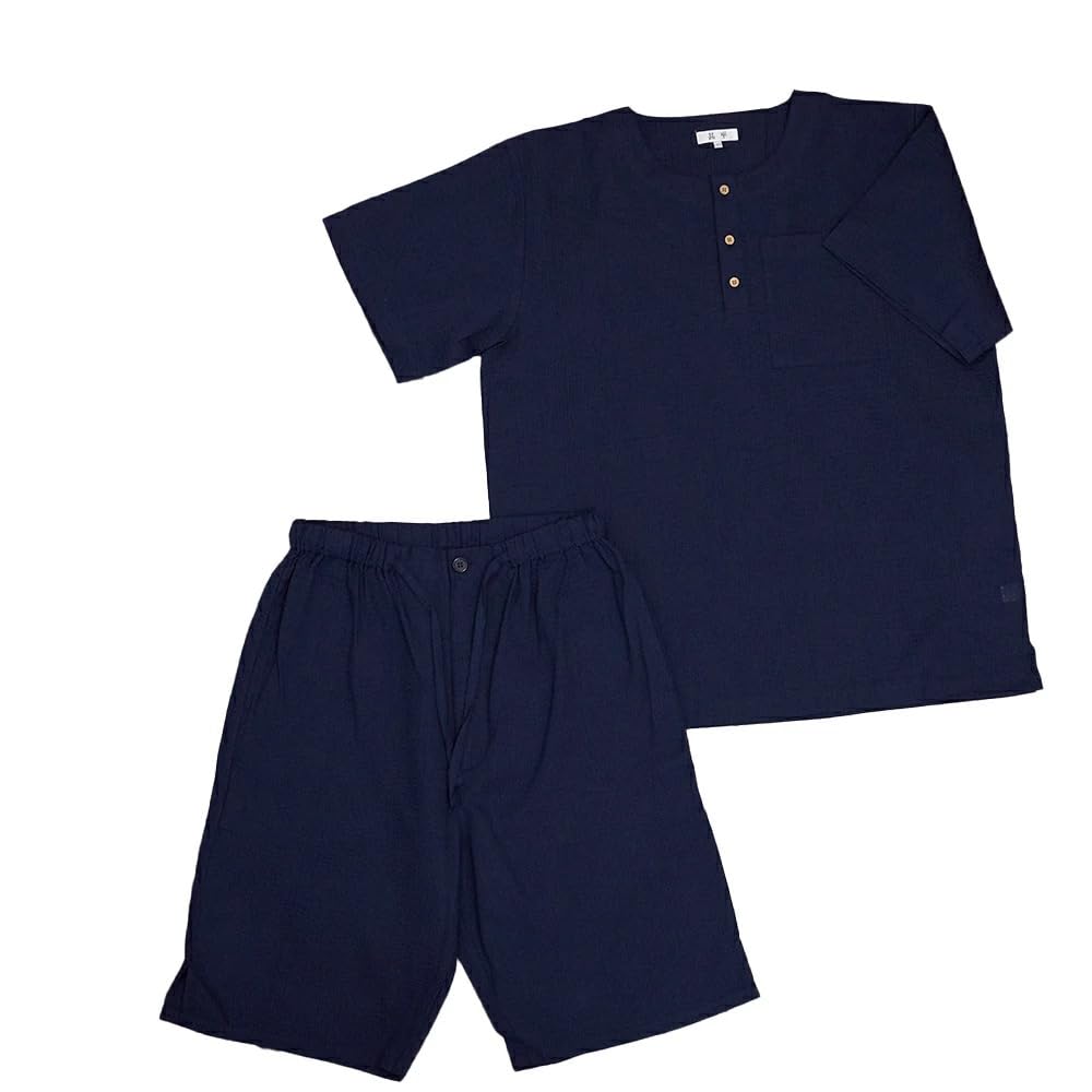 Pánské pyžamo Jinbei s Henley límečkem, ze stylové tkaniny Shijira, perfektní dárek na den, jednobarevné, velikost, tkané, domácí oblečení, pro otce (Námořnická modř, Barva, L)