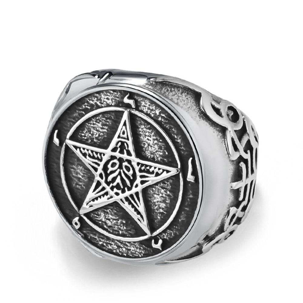 Anello Vintage Angelo Caduto Lucifero in Acciaio di Titanio Pentagramma di Satana Gioiello per Mano Chiave Inglese in Acciaio di Titanio