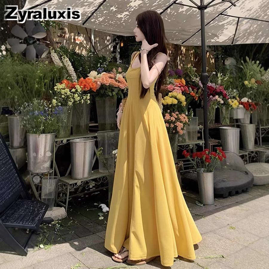 Beach Vacation Yellow Halter Dress New French Style Cute Unique Beautiful Fitted Long Sleeve Women's Summer