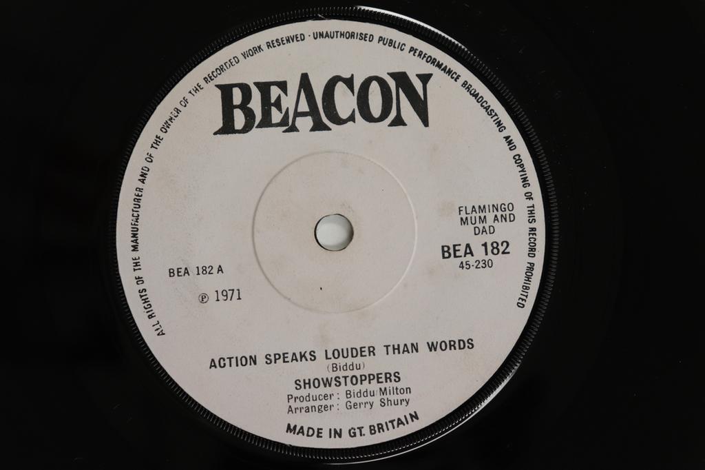 7inch Record SHOW STOPPERS - Action Speaks Louder Than Words BEA182 Beacon 1971 UK Soul/Funk Used