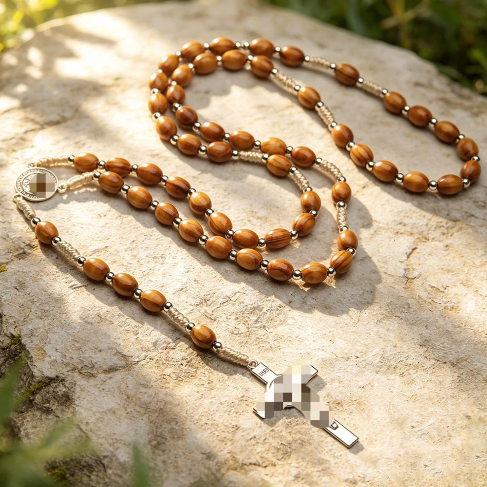 Natural Pine Wood Imitation Prayer Beads Necklace with Spacer Beads, Handwoven Cross-Border Ornament (10x8 Beads)