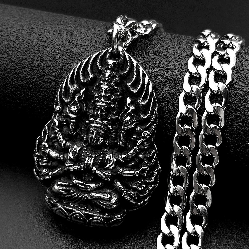 Collana Ciondolo Vintage Buddista Guanyin dalle Mille Braccia per Donne Uomini Catena in Acciaio Inossidabile 316L Colore Argento Gioielli Amuleto