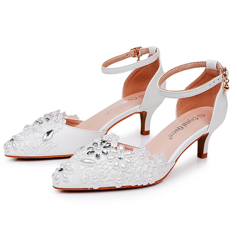 5cm Plus Size Sandals with Thin Pointed White Lace Rhinestone Wedding Shoes with Pearl Bridal Dress Shoe 35 белый