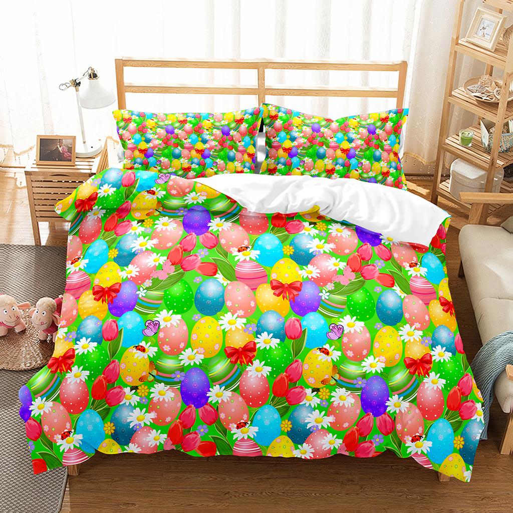 Cartoon Rabbit Duvet Cover Set Twin Queen Colorful Eggs Bedding Set Microfiber Floral Comforter Cover For Girls Boys Easter Gift