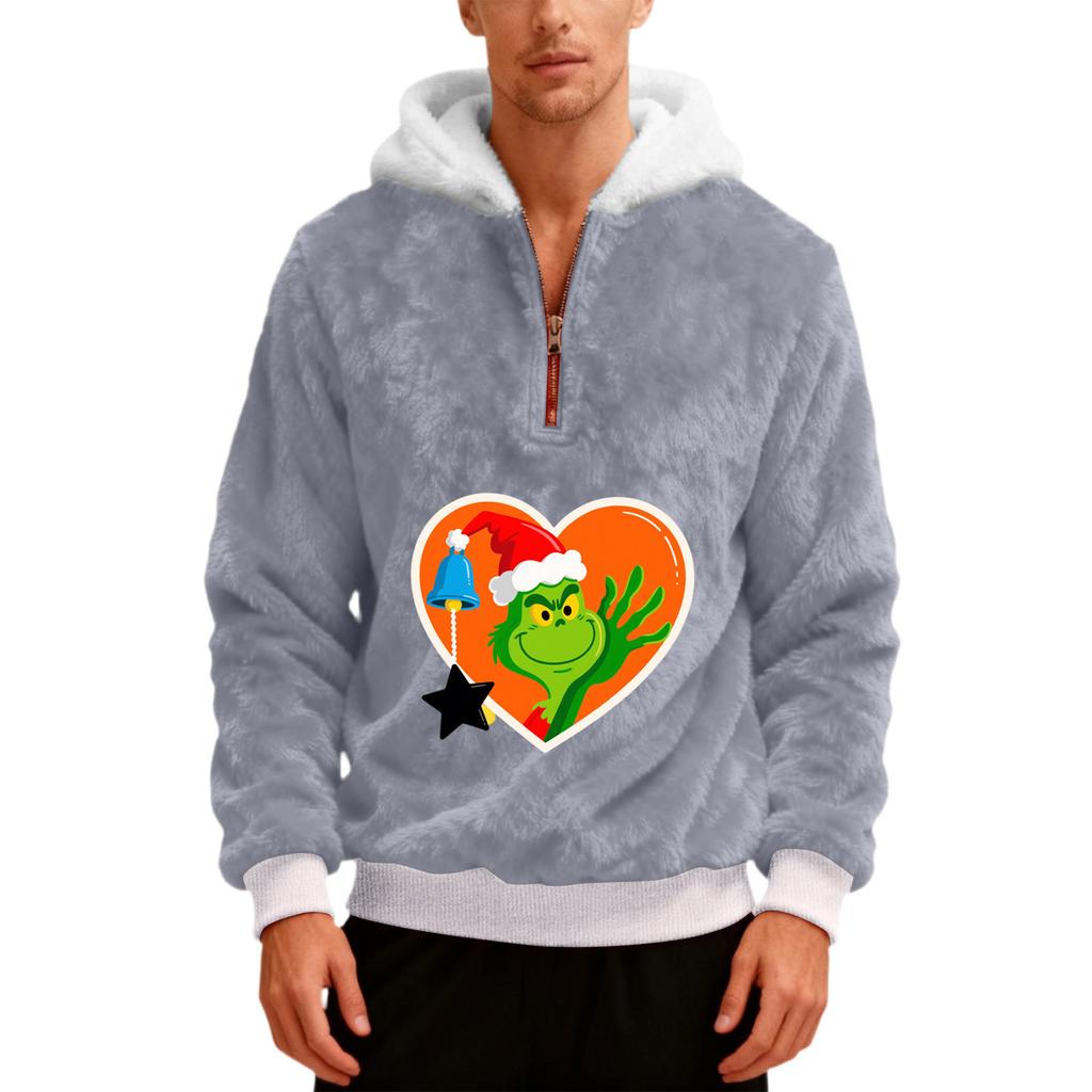 Pánská plyšová mikina s kapucí a polovičním zipem