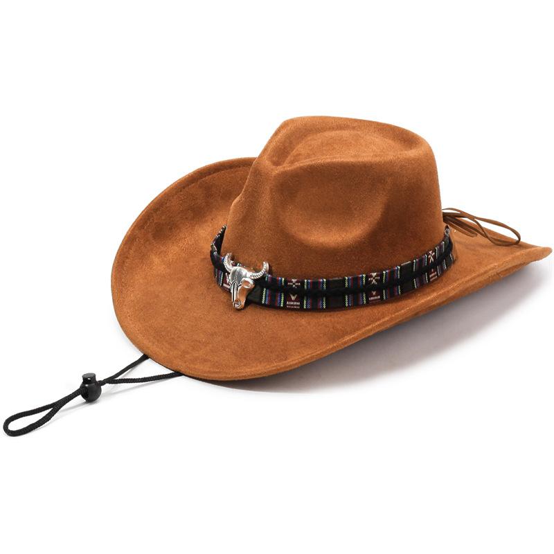 Western Cowboy Style Tibetan Bull Head Accessories Fashion Top Hat Autumn/Winter New Collection Deer Skin Velvet Large Edge Riding Hat