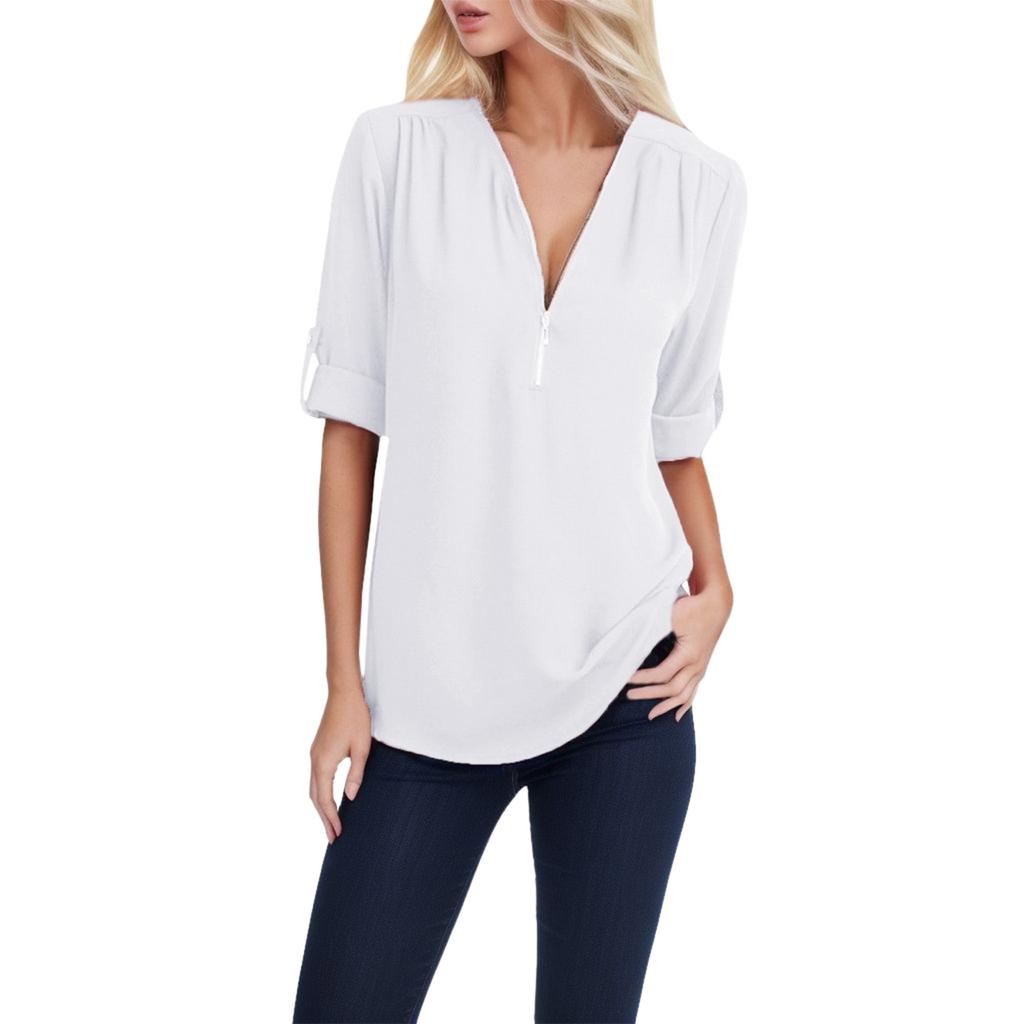 Summer and Autumn Shirt V-neck Zipper Large Size Women's Long Sleeve Can Roll Sleeve Short Sleeve Loose Shirt