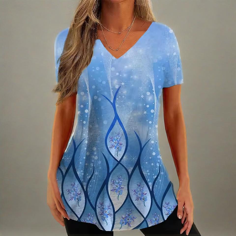 Vintage V-neck Women's T-shirt Summer Outdoor Casual Short Sleeve Tops Fashion Black Stripe Printing OverSize Clothing
