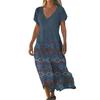 Fashion Women's Summer V-neck Short Sleeve Cotton And Linen Vintage Floral Print Beach Dress