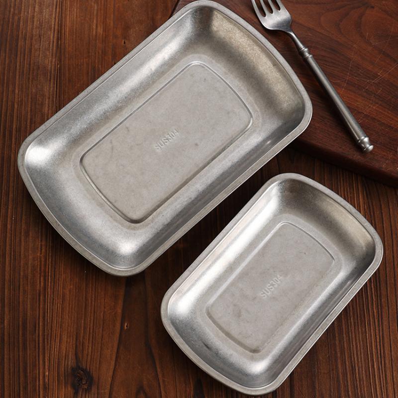 Vintage Korean Style Stainless Steel Tray Dinner Plate Snack Dessert Fruit Cake Bread Steak Tray Food Tray Kitchen Accessories