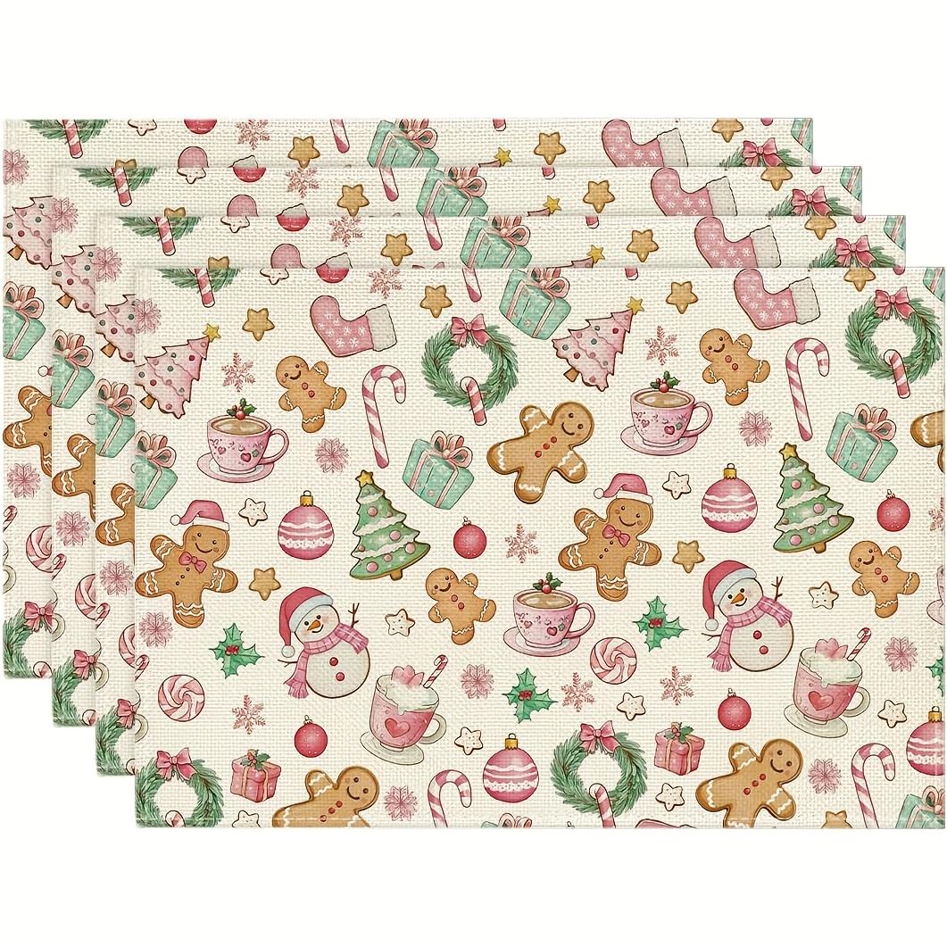 

4/6pcs Set Pink Cute and Fun Snowman Gingerbread Tree Christmas Seasonal Winter Holiday Placemats, Suitable for Home Kitchen Din 30x45cm-4PC