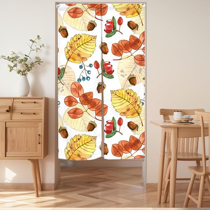 Qinunipoto Autumn Noren 85cm Wide X 150cm Featuring Fallen and Stylish Interior Design for and Room Divider Easy Suitable for All Curtain, Long,