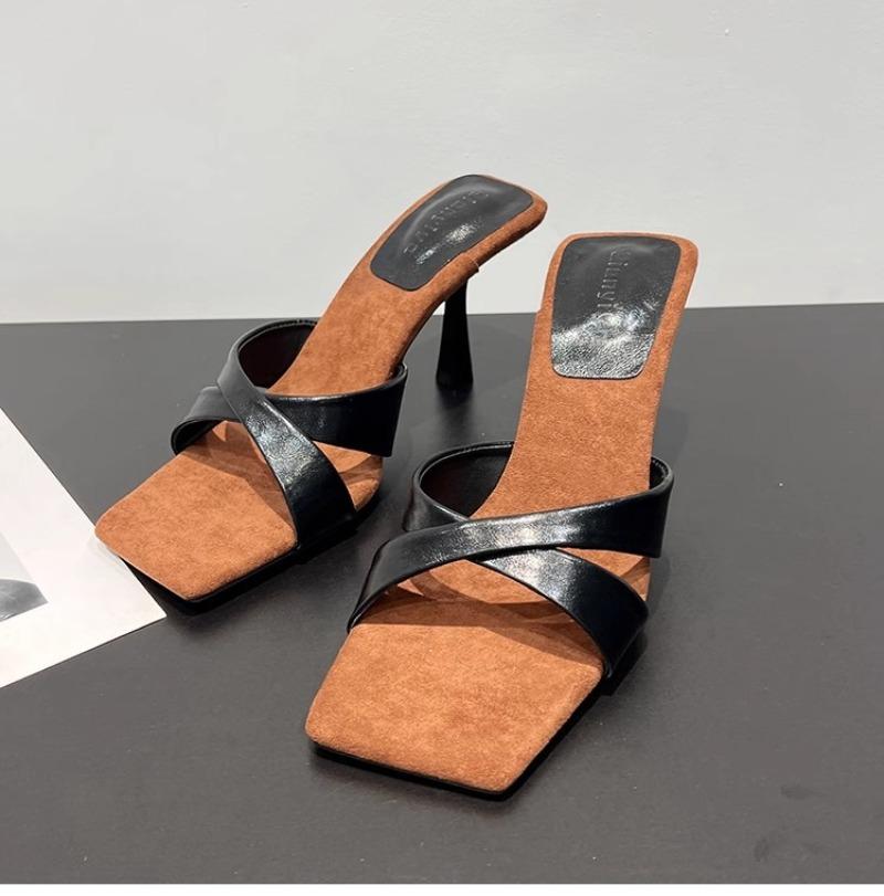 Fashion 2025 New Women's High Heels Sandal Square Head Cross Strap One Line Thin Heel Suitable  Wearing Outdoor Slippers