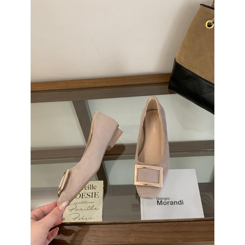 2025 New Korean Version Square Buckle Velvet Square Head Low Heel Single Shoes Burgundy