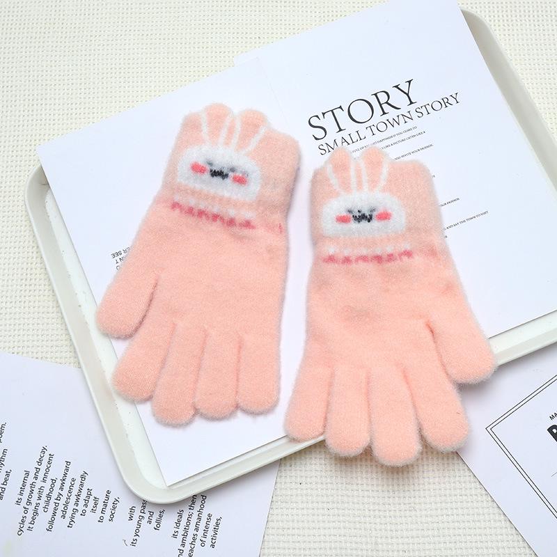 Children's Winter Warm Cartoon Gloves - Thickened, Five-Finger, Cute Rabbit & Little Bear Design, Cold-Proof for Boys & Girls