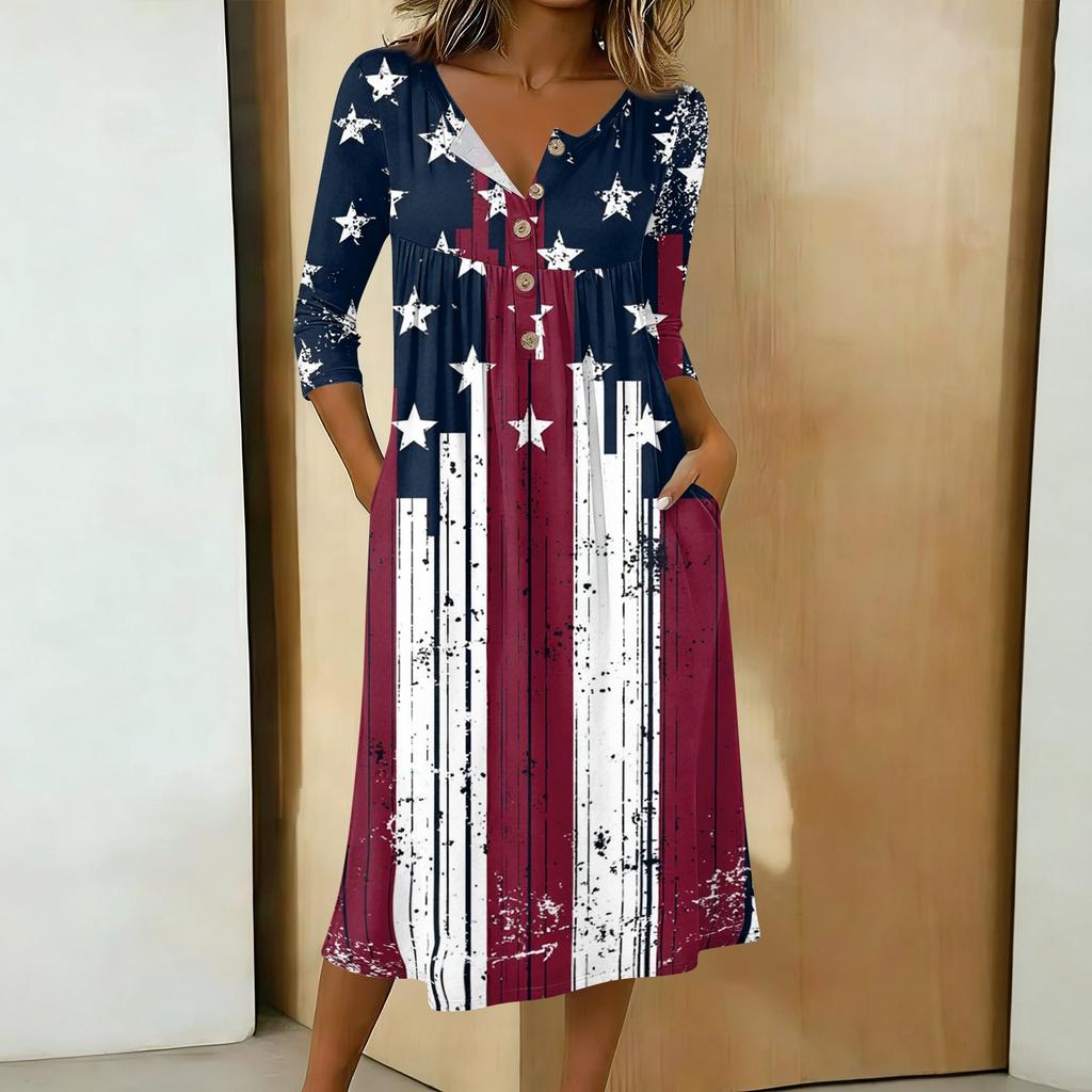 Women’s Casual 34 Sleeve Button Neck Printed Midi Dress with Pocket Loose Fit Soft Fabric Flag Pattern Design