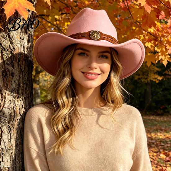 Winter Windproof Wool Cap Unisex Western Cowboy Hat, Felt Fedora Hat with Faux Leather Retro Style Band, Wide Brim Cowgirl for Men Women Outdoor