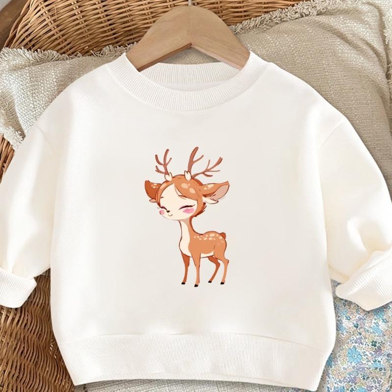 Kids Lightweight Crewneck Pullover Sweatshirt, Cartoon Deer Graphic Print