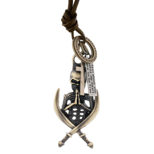 

Вінтажне чоловіче намисто з натуральної шкіри, чоловічий скелет, ювелірний ланцюжок, нашийник, довгий шкіряний шнур, намисто в стилі панк