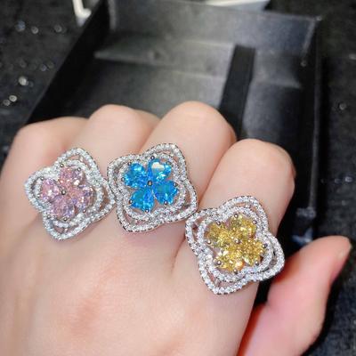 925 Silver New Luxury Full Diamond Aquamarine Four -Leaf Clover Ring High Carbon Diamond Heart Ring Party Birthday Gift