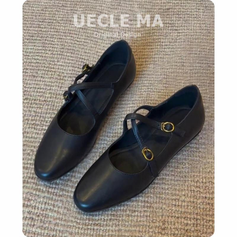 

Super soft sheepskin~ single shoes women s flat ballet shoes shallow mouth evening shoes cross buckle retro Mary Jane shoes 35