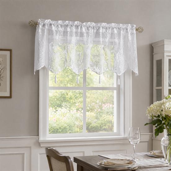 Spitzen-Fenstervorhang, Weißer Spitzen-Schiebegardine mit Quasten und Stangentasche, Vintage Lichtfilternder Fenstervorhang für das Wohnzimmer