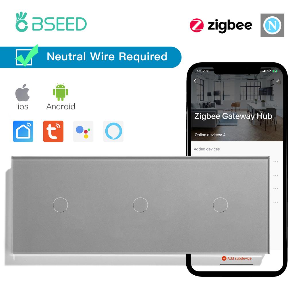 BSEED Zigbee 1/2/3Gang Touch Smart Switches 1/2/3Way Tuya Smart Life App Control With EU Wall Sockets Outlets Gray Series