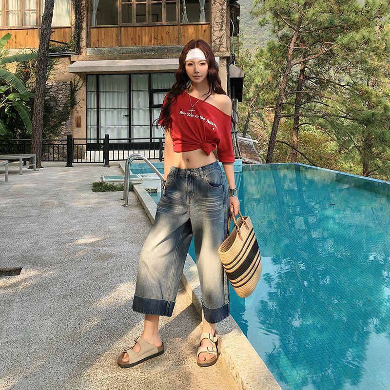 Trendy Summer Vintage Wide Leg Loose Straight Slimming Cropped Capri Denim Pants For Women Versatile AllMatch Casual Capri Trousers