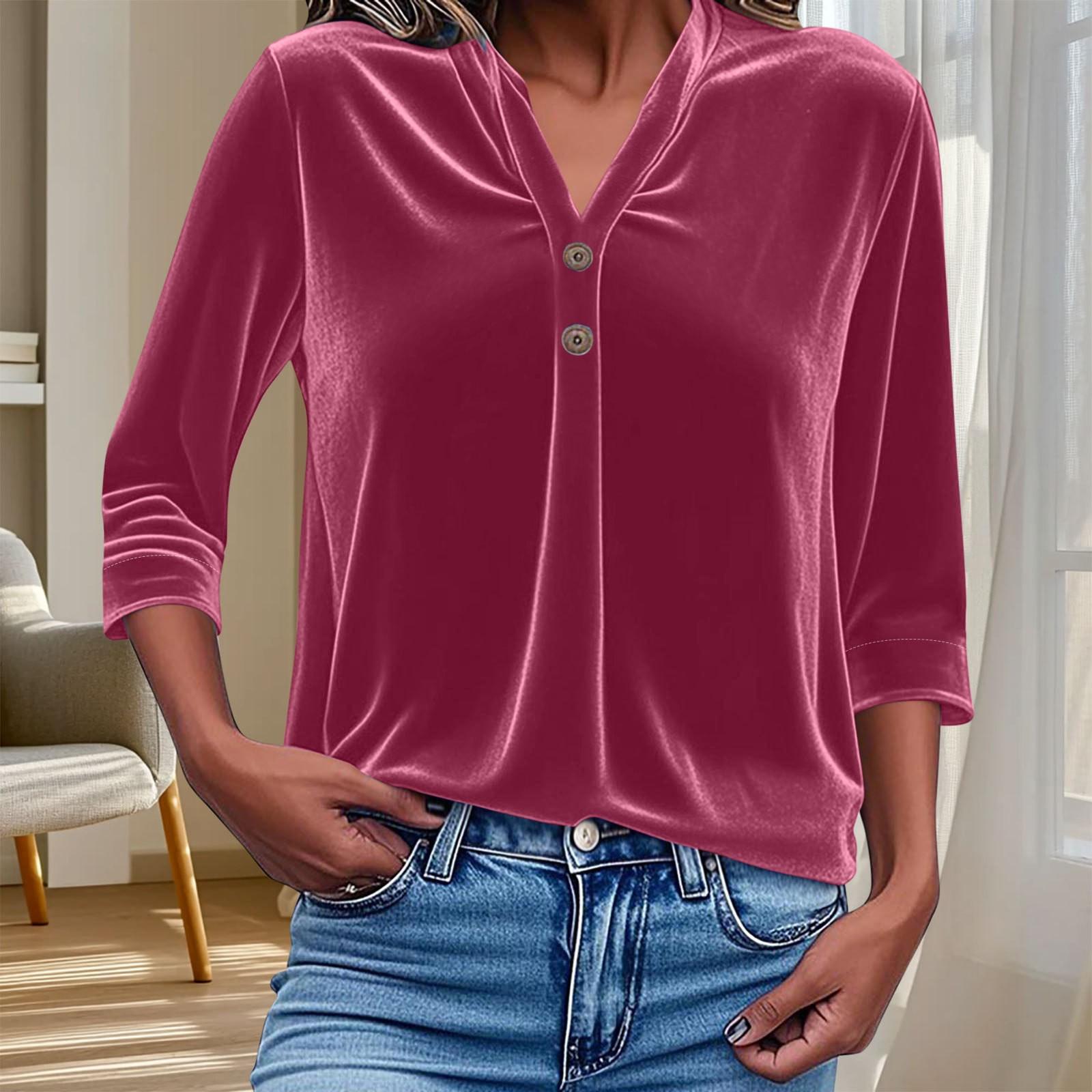 

Women s Golden V-neck Button Down Shirt Loose Solid Colour Seven Sleeve Top M