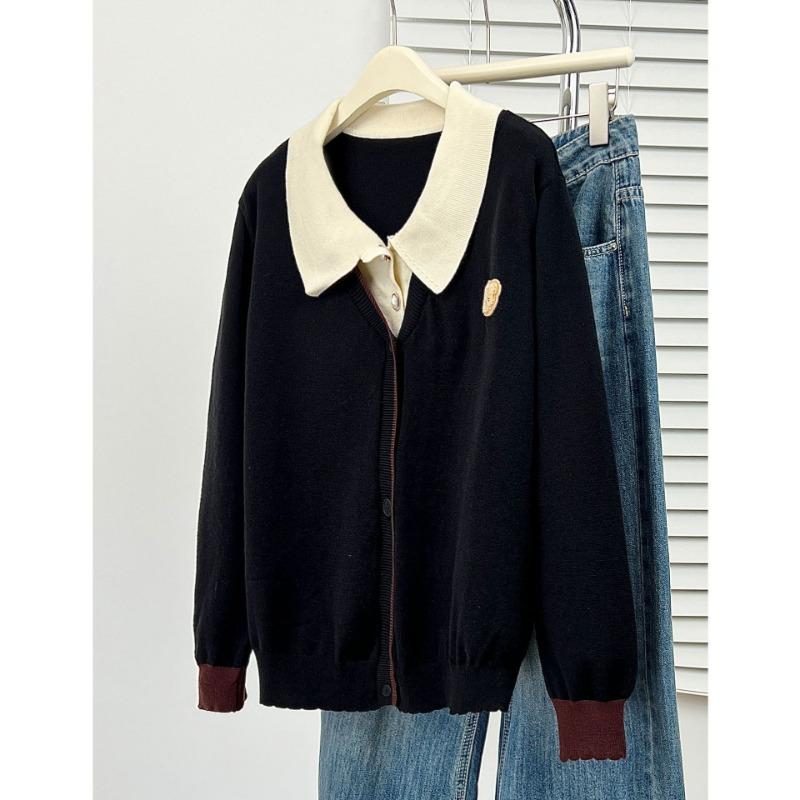 Plus Size Women Fake Two Piece Long Sleeve Knitted Cardigan College Style Sweater