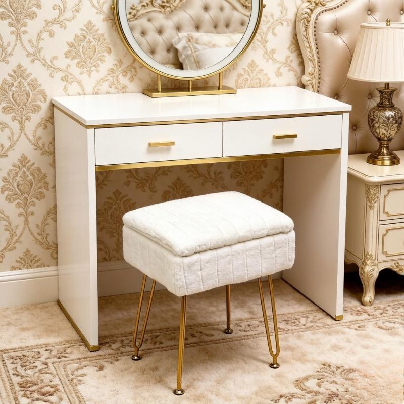 Vanity Stool Faux Fur with Storage, Anti-Slip Metal Legs Makeup Ottoman for Bedroom