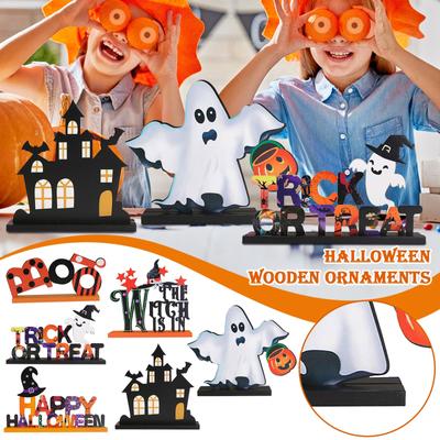 6PC Halloween House Shape Ornaments Holiday Party Atmosphere Layout Wooden Decoration Crafts