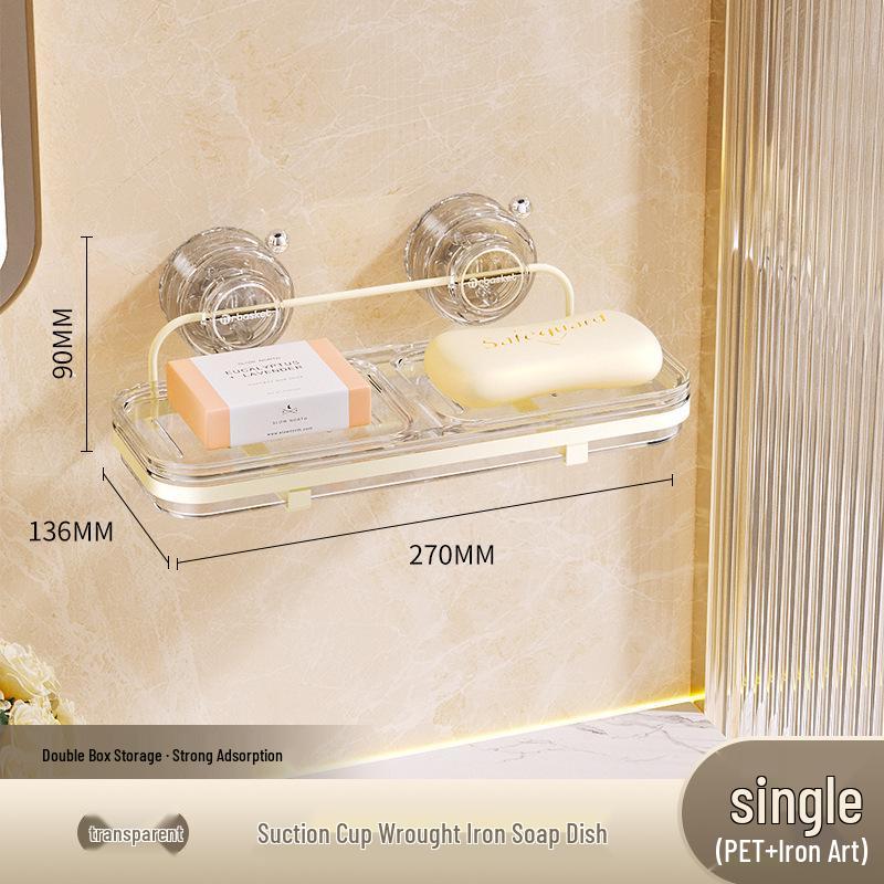 Punch-Free Wall-Mounted Suction Cup Soap Dish, Light Luxury Bathroom Rack, Double Compartment, Draining Storage