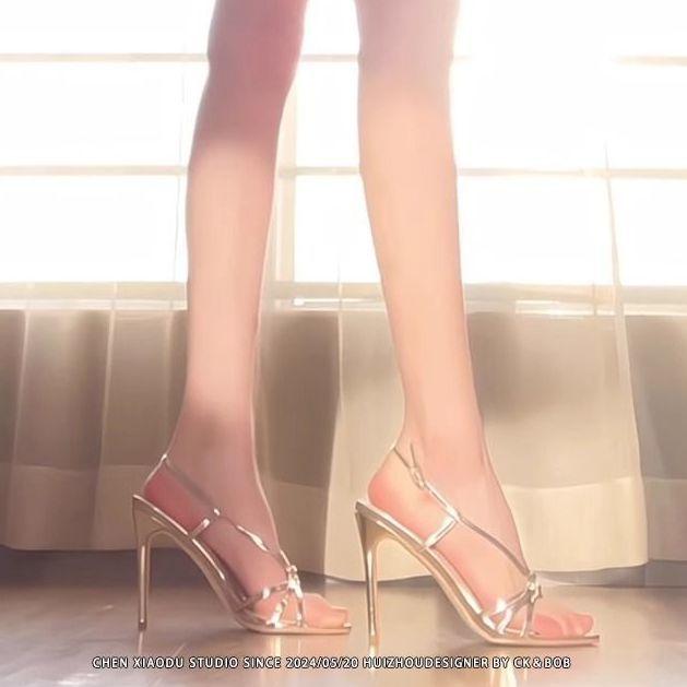 Fashion Gold Sandals 2025 Women's Buckle Strap High Heels Large Size Clear Shoes Open Toe Stiletto New High-heeled Big Girls Peep Pumps