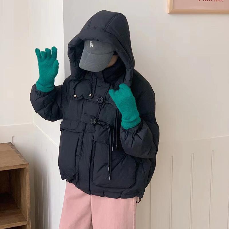 Fashion round button down jacket women's short 2024 winter hooded thickened warm loose white duck down bread jacket tide